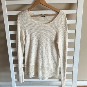 Lucky Brand Textured Knit Pullover Sweater Cream Knit with Lace Hem Size Medium